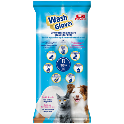 Bio PetActive Wash Gloves Evcil Hayvanlar İçin Kuru Yıkama Bakım Kesesi 8 Li Paket - 1