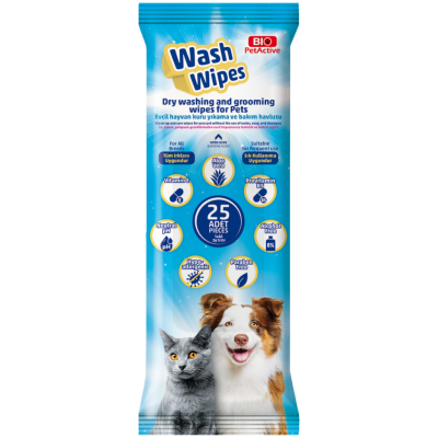 Bio PetActive Wash Wipes Evcil Hayvanlar İçin Kuru Yıkama ve Bakım Havlusu 25 Li Paket - 1