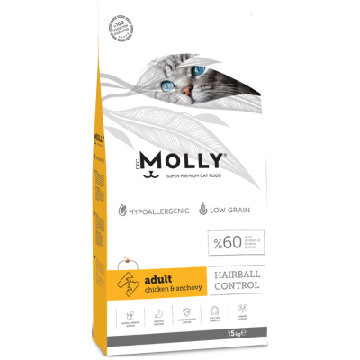 Molly Düşük Tahıllı Hypoallergenic Hairball Tavuklu & Hamsili Yetişkin Kedi Maması 15 Kg - 1