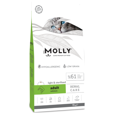 Molly Düşük Tahıllı Hypoallergenic Light & Sterilised Somonlu Kısırlaştırılmış Kedi Maması 15 Kg - 1